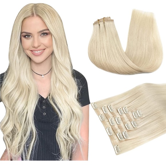 ❤️20in Seamless Clip in Hair Extensions Human Hair 7pcs 150g Platinum Blonde